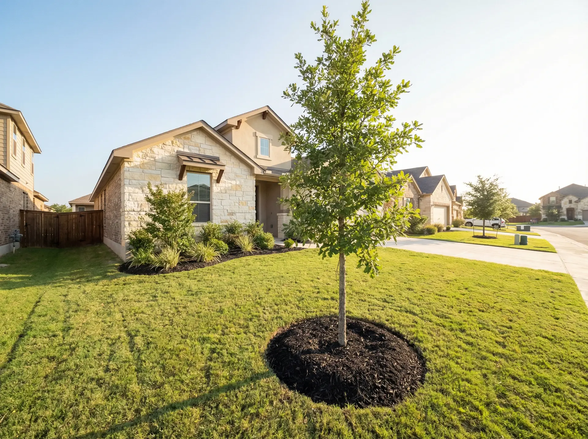 Young Monterrey Oak planted in a San Antonio front yard