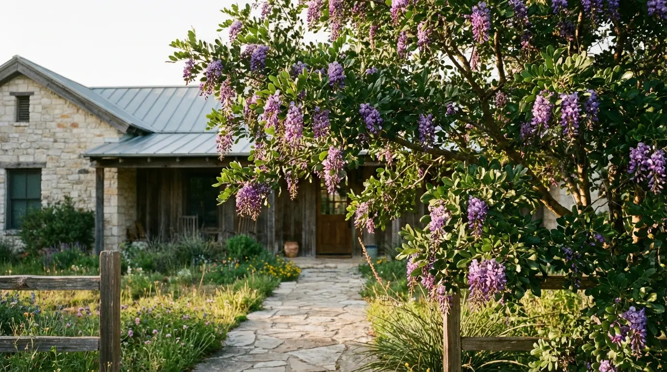Texas Mountain Laurel tree in a San Antonio landscape