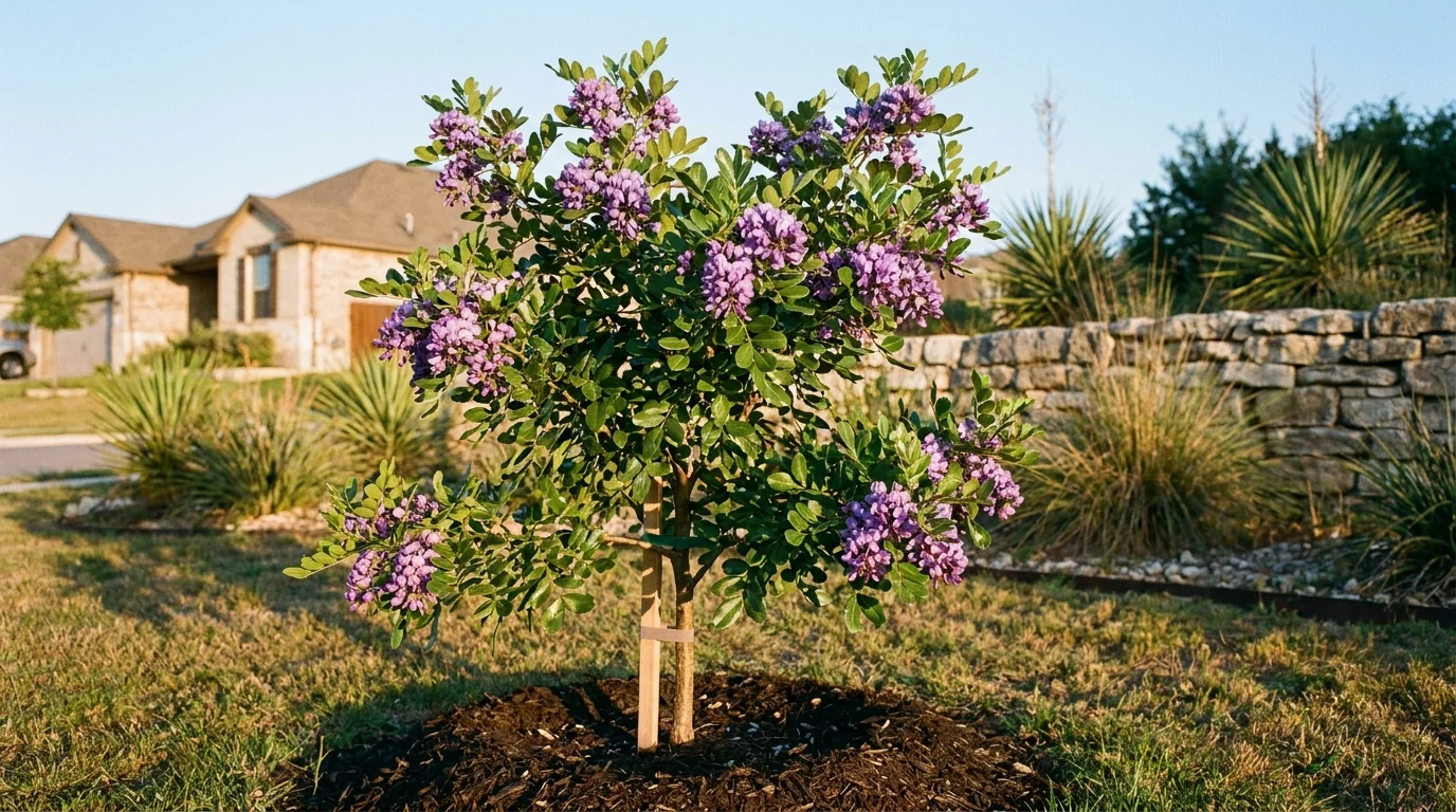Young Texas Mountain Laurel recently planted