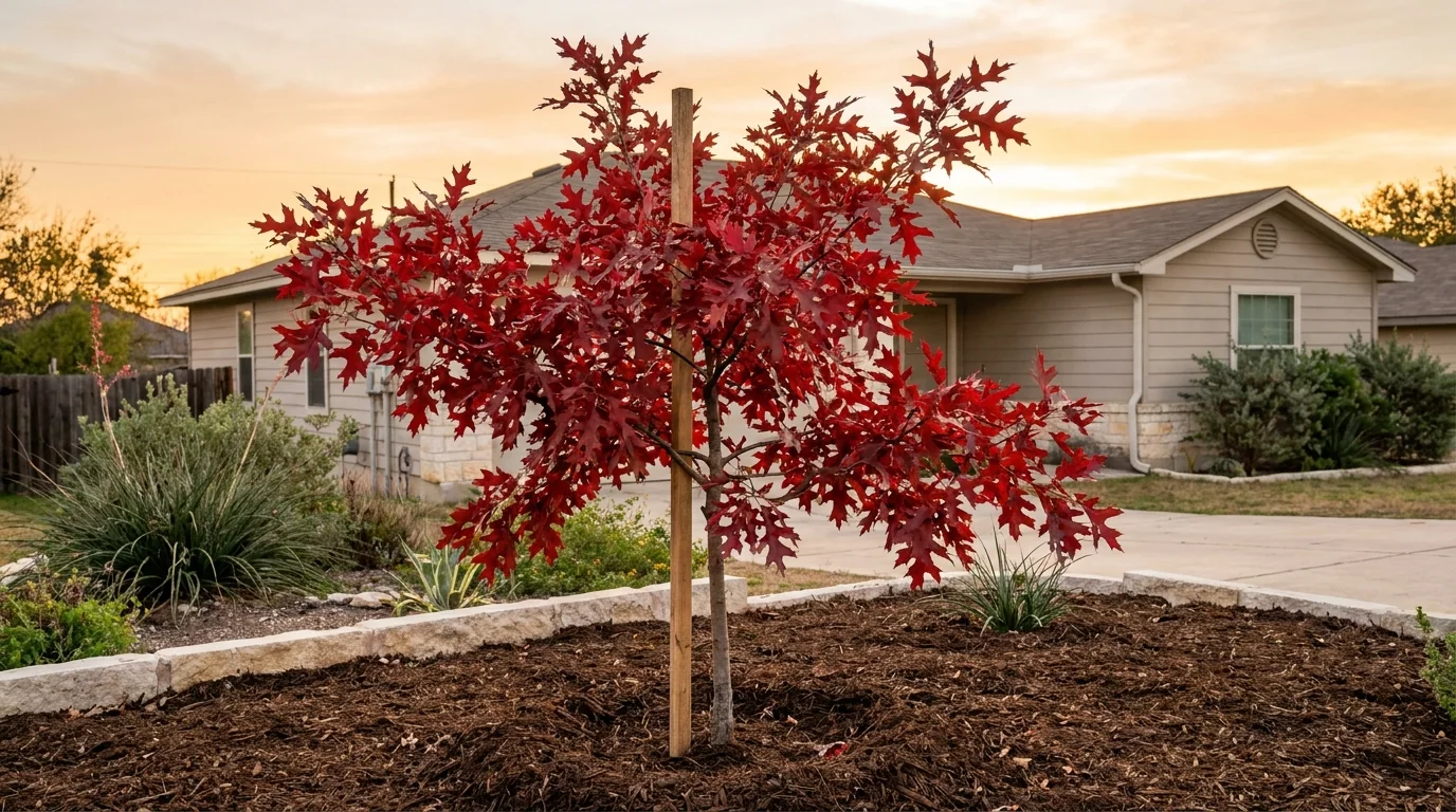 Young Texas Red Oak recently planted
