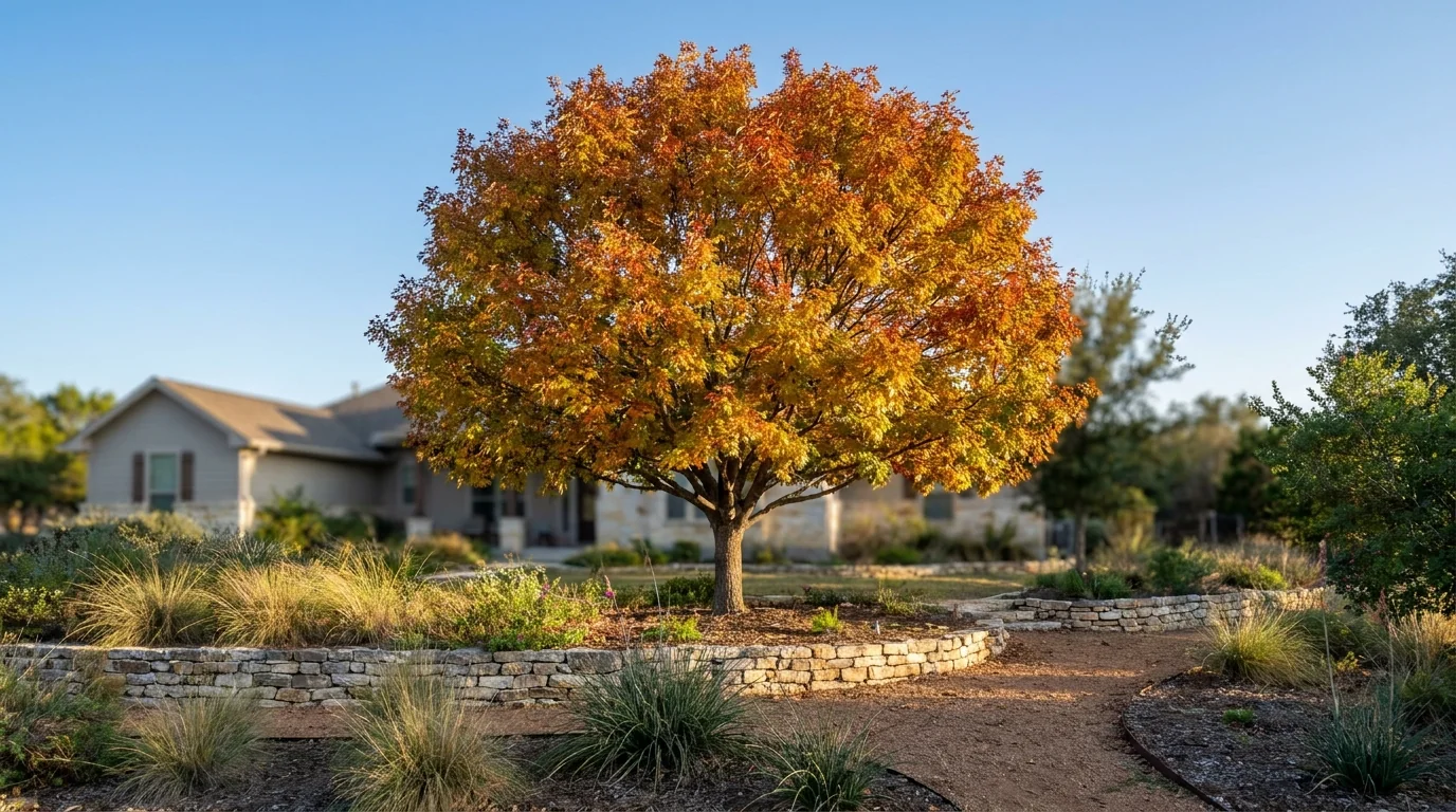 Mature Mexican Mountain Sugar Maple with vivid fall color in a Central Texas landscape